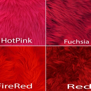 May include: Four swatches of faux fur in different shades of red and pink. The swatches are labeled "HotPink", "Fuchsia", "FireRed", and "Red".