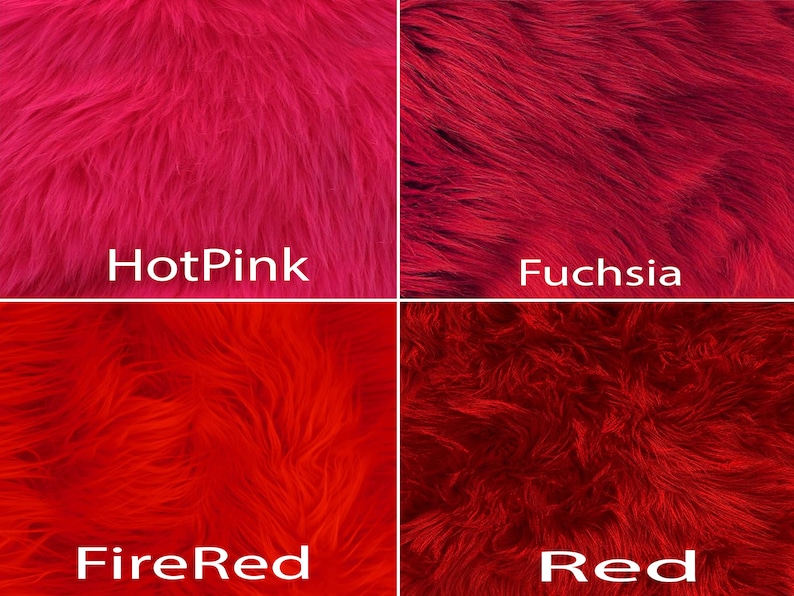 May include: Four swatches of faux fur in different shades of red and pink. The swatches are labeled "HotPink", "Fuchsia", "FireRed", and "Red".