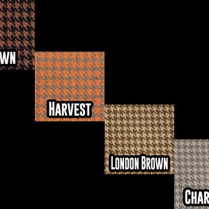 May include: Four fabric swatches in a houndstooth pattern. The swatches are labelled "Brown", "Harvest", "London Brown", and "Charcoal".