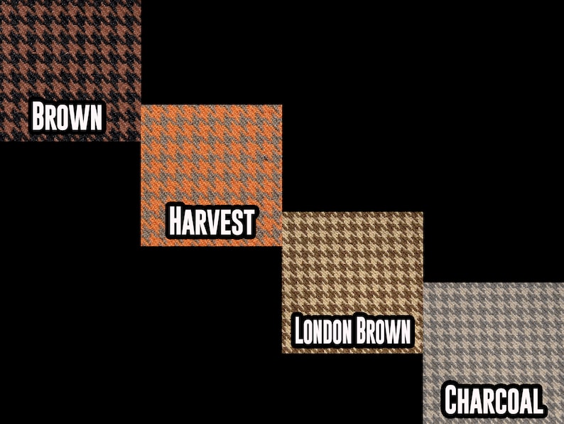 May include: Four fabric swatches in a houndstooth pattern. The swatches are labelled "Brown", "Harvest", "London Brown", and "Charcoal".