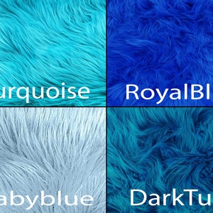 May include: Four fabric swatches in different shades of blue. The swatches are labeled "Turquoise", "Royal Blue", "babyblue", and "DarkTurq".
