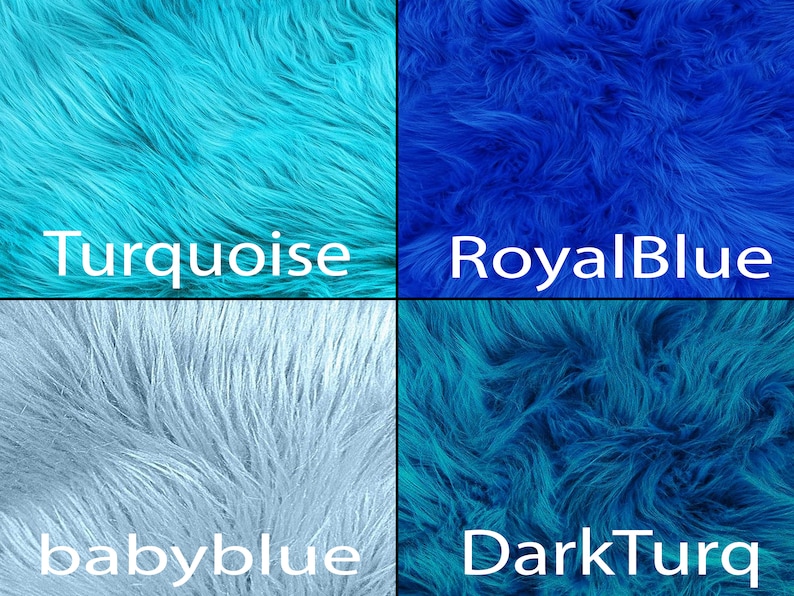 May include: Four fabric swatches in different shades of blue. The swatches are labeled "Turquoise", "Royal Blue", "babyblue", and "DarkTurq".