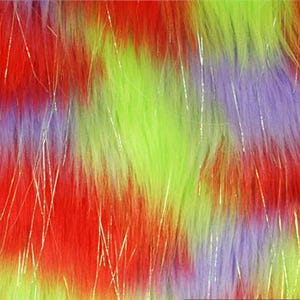 May include: Close-up of colorful faux fur fabric. The fabric features a mix of red, green, and purple hues with strands of gold metallic thread. The texture is soft and fluffy, creating a vibrant and eye-catching design.