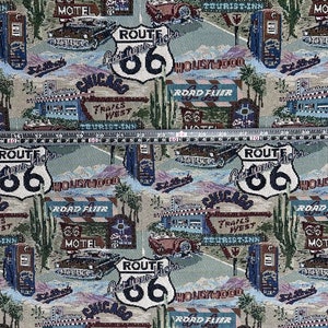 May include: A colorful fabric with a repeating pattern of Route 66 signs, cars, and roadside attractions. The fabric features the words "Route 66", "Hollywood", "Chicago", "Tourist Inn", "Motel", and "Trails West".