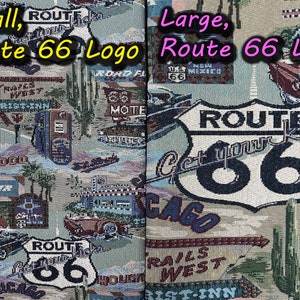 May include: A close-up of a tapestry featuring a Route 66 logo with the text "Get your kicks on Route 66". The tapestry is a mix of blue, white, and black colors. The background features a variety of images, including cacti, a car, and a motel sign.