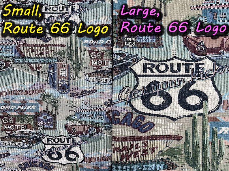 May include: A close-up of a tapestry featuring a Route 66 logo with the text "Get your kicks on Route 66". The tapestry is a mix of blue, white, and black colors. The background features a variety of images, including cacti, a car, and a motel sign.