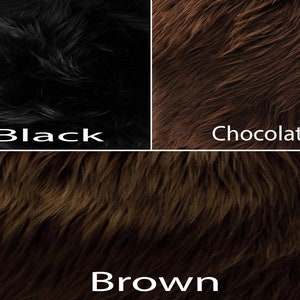 May include: Three swatches of faux fur in black, chocolate brown, and brown. The fur is soft and fluffy.