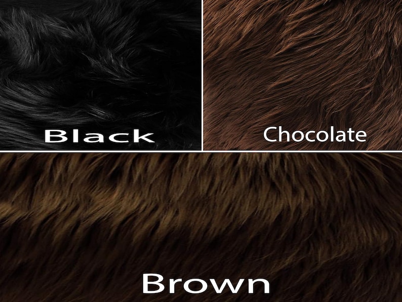 May include: Three swatches of faux fur in black, chocolate brown, and brown. The fur is soft and fluffy.