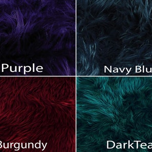 May include: Four fabric swatches in different colors: purple, navy blue, burgundy, and dark teal. The fabric has a fuzzy texture.