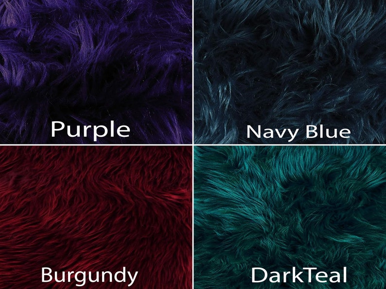 May include: Four fabric swatches in different colors: purple, navy blue, burgundy, and dark teal. The fabric has a fuzzy texture.