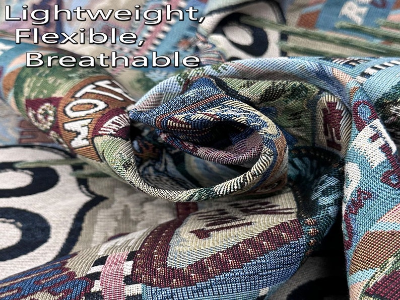 May include: Close-up of a woven fabric with a blue, green, and red pattern. The fabric is folded and shows the texture of the weave. The text "Lightweight, Flexible, Breathable" is visible at the top of the image.