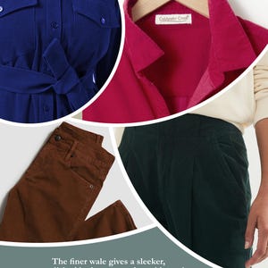 May include: Four different corduroy fabrics in various colors, including blue, pink, brown, and green. The text "Coldwater Creek" is visible on the pink fabric. The caption below the fabrics reads "The finer wale gives a sleeker, more polished look compared to wider wales, making it a great choice for refined, tailored garments."