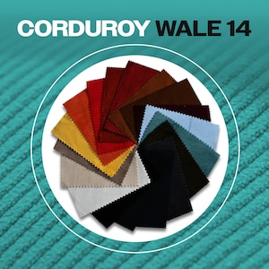 May include: A color chart of corduroy fabric in various colors, including red, brown, yellow, beige, black, and blue. The fabric is a 14 wale corduroy, meaning it has 14 ribs per inch. The fabric is displayed in a circle, with each color swatch arranged in a radial pattern. The background is a teal green corduroy fabric.