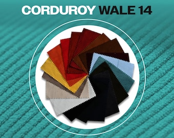 May include: A color chart of corduroy fabric in various colors, including red, brown, yellow, beige, black, and blue. The fabric is a 14 wale corduroy, meaning it has 14 ribs per inch. The fabric is displayed in a circle, with each color swatch arranged in a radial pattern. The background is a teal green corduroy fabric.
