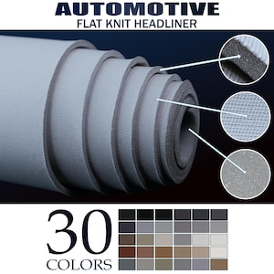 Puede incluir: Material de revestimiento de techo plano de punto para automóviles enrollado en color gris claro. La imagen muestra primeros planos de la textura del material y una carta de colores con 30 opciones.