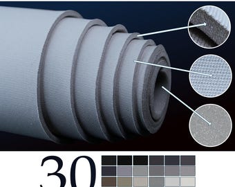 May include: Rolled automotive flat knit headliner material in a light gray color. The image shows close-ups of the material's texture and a color chart with 30 color options.