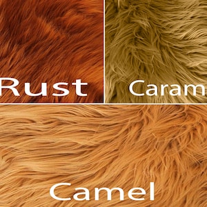 May include: Four swatches of faux fur in different shades of brown. The swatches are labeled "Rust", "Caramel", and "Camel".