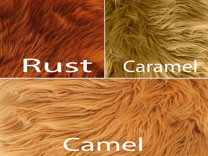 May include: Four swatches of faux fur in different shades of brown. The swatches are labeled "Rust", "Caramel", and "Camel".
