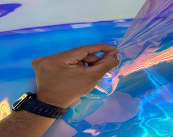 Vinile OLOGRAFICO trasparente iridescente in TPU da 0,3 mm, largo 54", riflettente, durevole, per progetti fai da te, giacche antipioggia, borse (blu) - Iarda/Campione