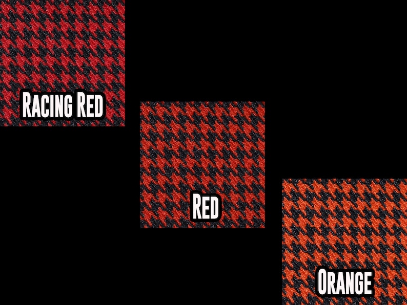 May include: Three fabric swatches in a houndstooth pattern. The swatches are labelled "Racing Red", "Red", and "Orange".