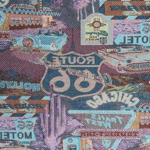 May include: A vintage tapestry featuring a blue and brown color scheme with a Route 66 sign, a car, and the words "Hollywood" and "Chicago".
