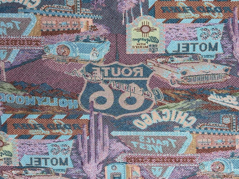 May include: A vintage tapestry featuring a blue and brown color scheme with a Route 66 sign, a car, and the words "Hollywood" and "Chicago".