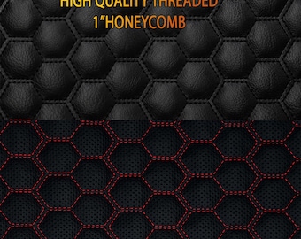 Vinyl QUILTED Foam Padded Fabric 3/8" Foam Backing UPHOLSTERY Headliner 58"W Seats - Perforated Black-Red/Black Stitching, 1 inch HONEYCOMB