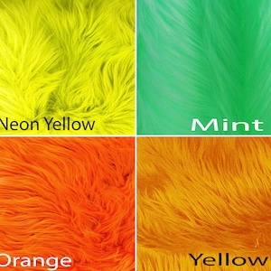 May include: Four swatches of faux fur fabric in different colors: neon yellow, mint green, orange, and yellow.