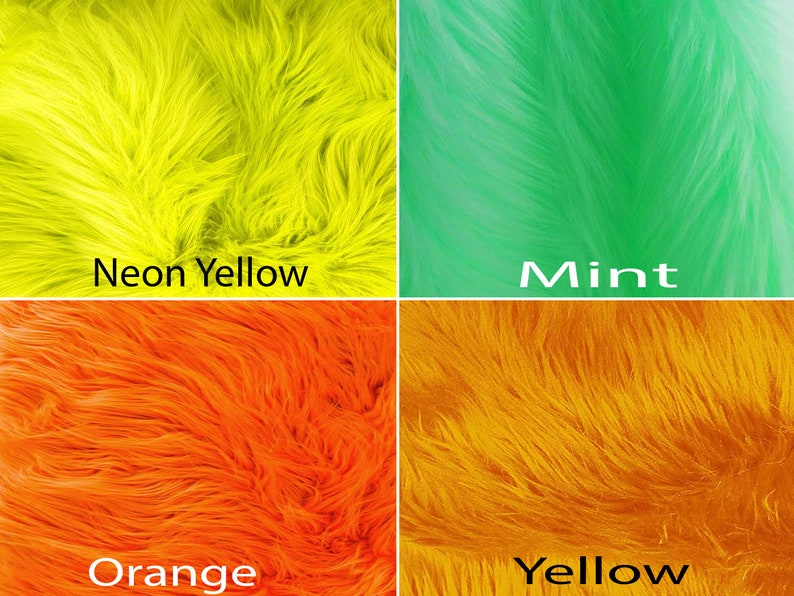 May include: Four swatches of faux fur fabric in different colors: neon yellow, mint green, orange, and yellow.