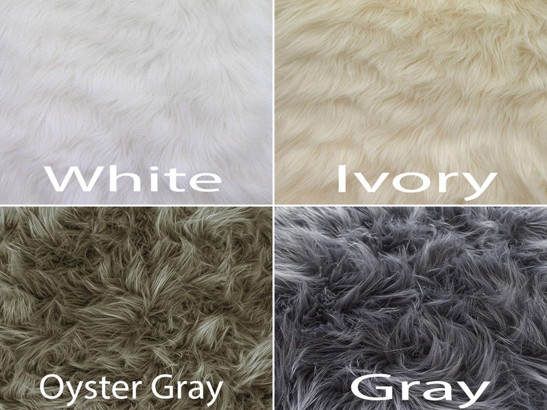 May include: Four fabric swatches in different colors: white, ivory, oyster gray, and gray. The fabric has a soft, fluffy texture.