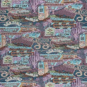 May include: A colorful fabric with a repeating pattern of Route 66 signs, motel signs, and other Americana imagery. The fabric is a blend of blues, greens, pinks, and browns.