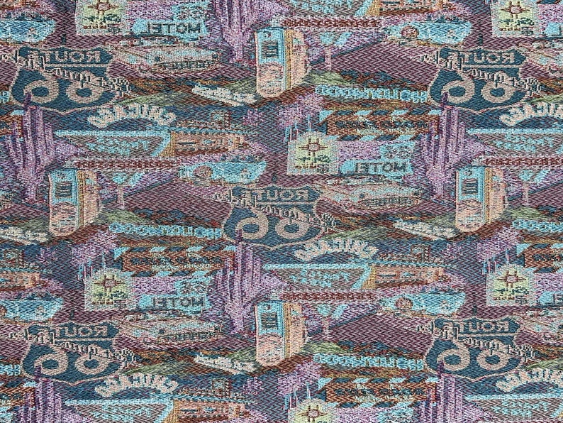 May include: A colorful fabric with a repeating pattern of Route 66 signs, motel signs, and other Americana imagery. The fabric is a blend of blues, greens, pinks, and browns.