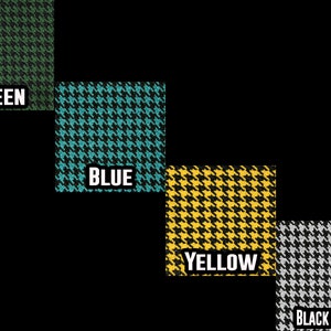 May include: Four fabric swatches with a houndstooth pattern in different colours: green, blue, yellow, and black and white.