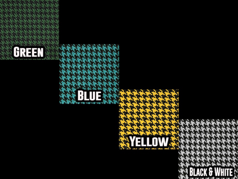 May include: Four fabric swatches with a houndstooth pattern in different colours: green, blue, yellow, and black and white.