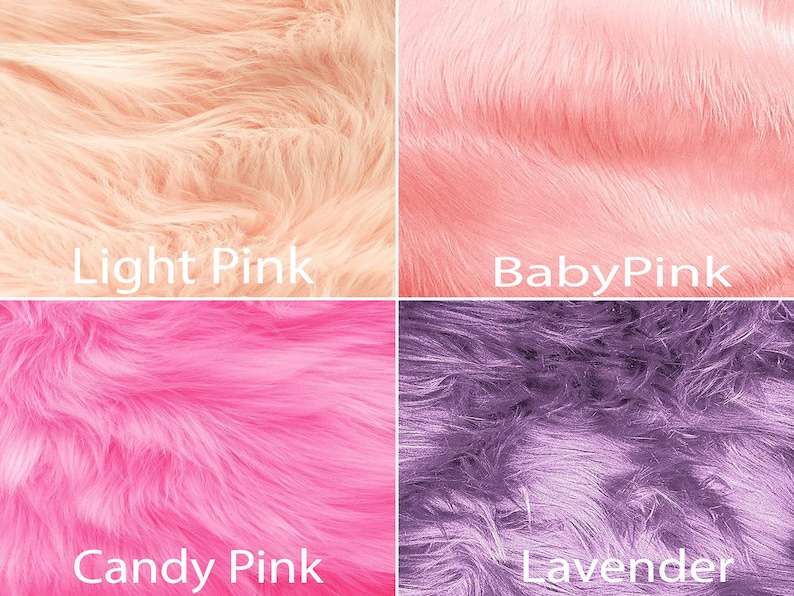 May include: Four swatches of faux fur in different shades of pink and lavender. The swatches are labeled "Light Pink", "Baby Pink", "Candy Pink", and "Lavender".