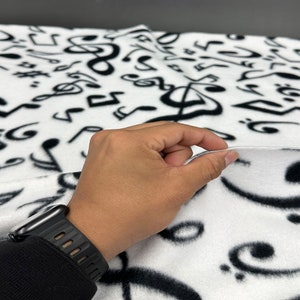 Fleece Fabric Printed Anti Pill Black Musical Notes - Sold by CONTINUOUS Yard, Adult, Baby, Sweaters - Blankets, warm, Jazz, cuddle, DIY