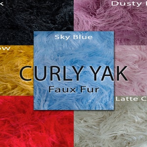 May include: A collection of six different colours of curly faux fur fabric swatches. The colours are black, dusty rose, sky blue, pink, yellow, and latte cream. The fabric is labelled "Curly Yak Faux Fur".