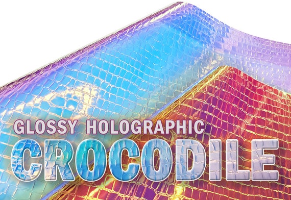 Hologram Vinyl Crocodile Upholstery Embossed Holographic Fabric 54" Wide Sold by Yard and Half Yard Copper & Blue purse shoe bow .70mm thick
