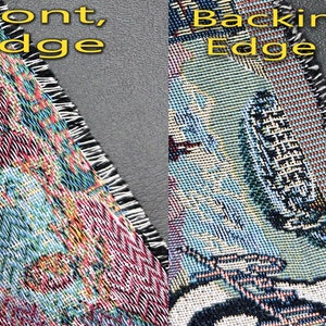 May include: Close-up of the front and back edges of a tapestry. The front edge shows a colorful, intricate pattern with a black fringe. The back edge shows a plain weave with a black fringe.