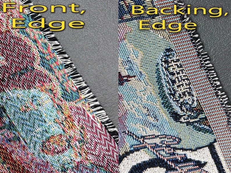 May include: Close-up of the front and back edges of a tapestry. The front edge shows a colorful, intricate pattern with a black fringe. The back edge shows a plain weave with a black fringe.