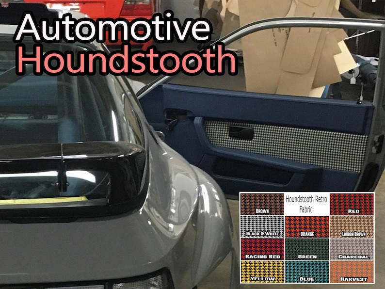 May include: A grey car with a black rear spoiler. The car's interior door panel is covered in houndstooth fabric. A colour chart shows different houndstooth fabric colours, including brown, black and white, orange, London brown, racing red, green, charcoal, yellow, blue, and harvest.