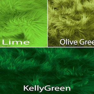 May include: Three swatches of faux fur in different shades of green: lime green, olive green, and kelly green.