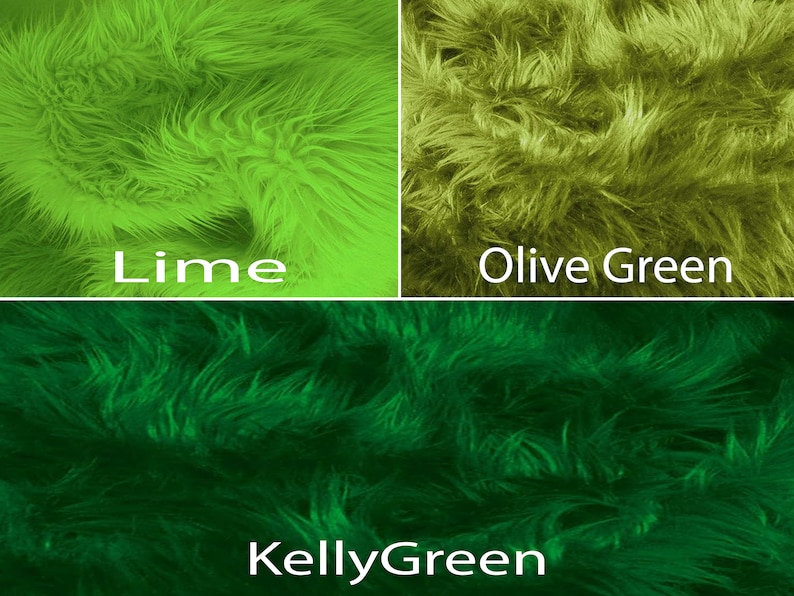 May include: Three swatches of faux fur in different shades of green: lime green, olive green, and kelly green.
