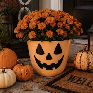 May include: A Halloween-themed porch display featuring a jack-o'-lantern flower pot filled with orange mums. Several pumpkins of varying sizes and colors surround the pot, alongside a welcome mat and a decorative lantern.