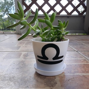 May include: A white ceramic planter with a black Libra zodiac symbol, featuring a green succulent plant.
