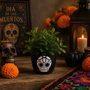 May include: A still life arrangement featuring Day of the Dead decor. A black pot with a sugar skull design holds a green plant. Other items include candles, a skull, orange flowers, and a framed sign that reads "Dia de los Muertos."