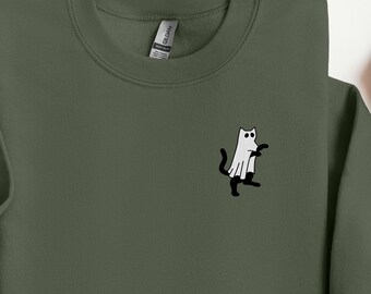 Embroidered Ghost Cat Sweatshirt, Halloween Sweatshirt, Black Cat, Fall Sweatshirt for Women, Halloween Gift, Ghost Shirt, Spooky Season
