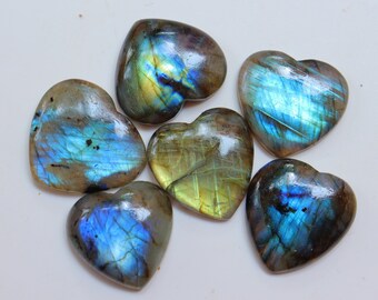 6 Pieces Lot, Flashy Labradorite Heart Cabochon, Natural Blue Flashy Labradorite Gemstone For Making Jewelry, Pendant & Earring Stone #5952