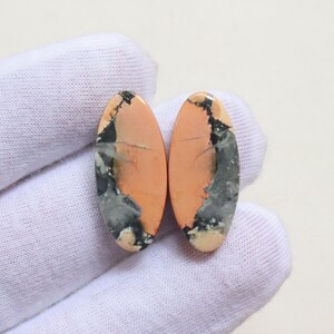 Può includere: Un paio di pietre preziose cabochon di forma ovale con un motivo rosa, bianco e nero. Le pietre sono lisce e lucidate.