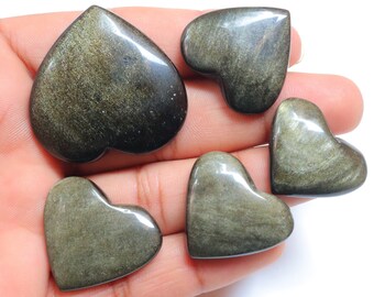 Lot de 5 pièces, cabochon coeur en obsidienne dorée, Pierre précieuse obsidienne dorée, pierres non serties pour la fabrication de bijoux, pendentif, obsidienne #7398